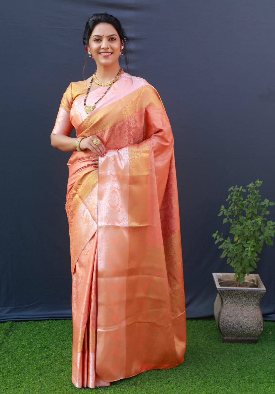 Sunrise Orange Beautiful Kanchipuram Pure silk handloom saree with Pure Zari