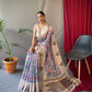Peach Tusser Sarees With Kalamkari Prints All Over With Woven Temple Border