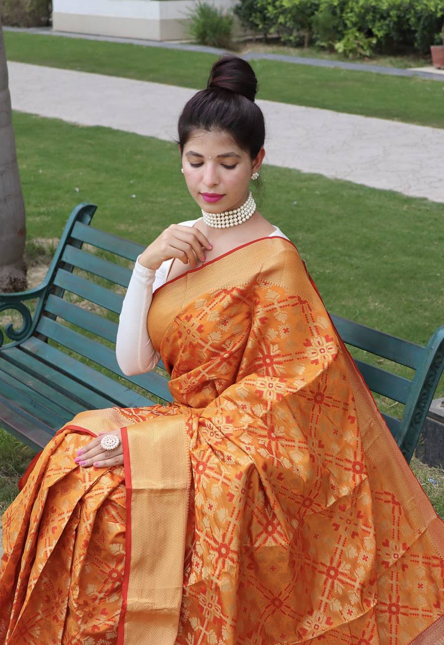 Yellow Bandhej Silk Saree With Weaving Gold Zari Border