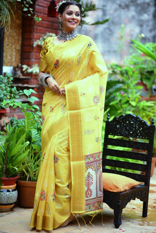 Lemon Tussar Silk Saree With Unique Slub Weaving Pattern