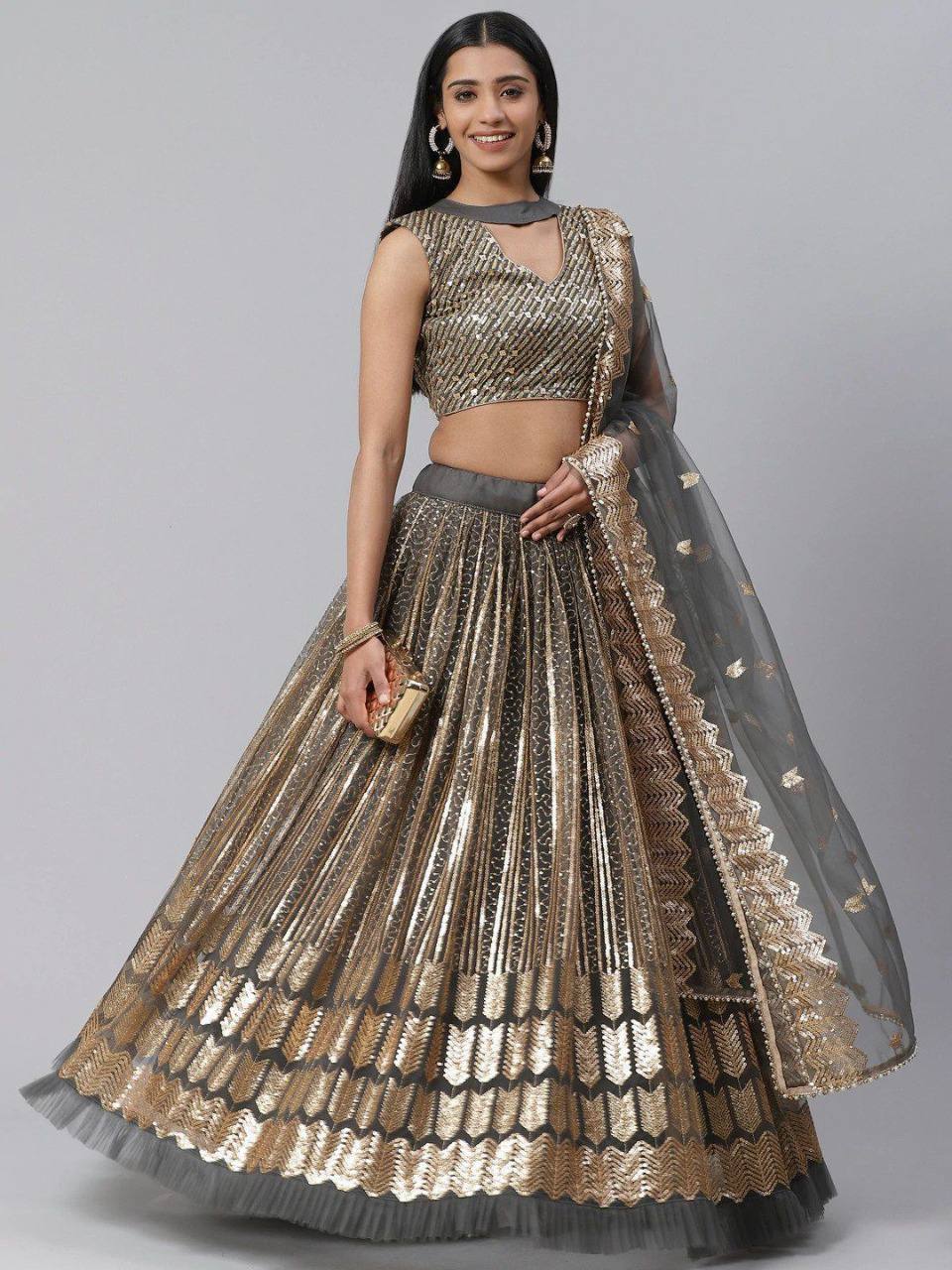 Grey Embroidered Faux Georgette Party Wear Lehenga Choli