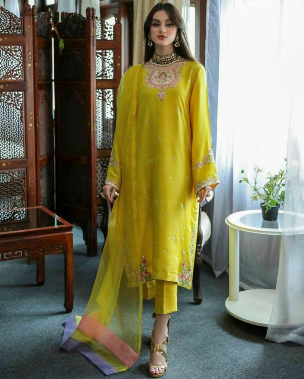 Gorgeous Yellow  Faux Georgette Top and Bottom With Dupatta