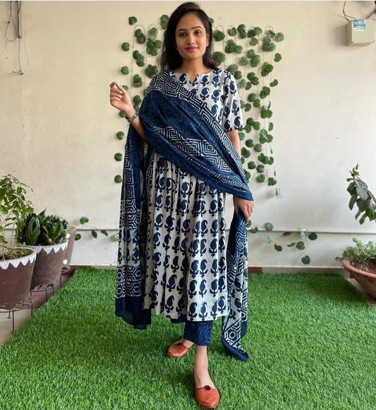 Blue Rayon Kurti Pent Dupatta Set