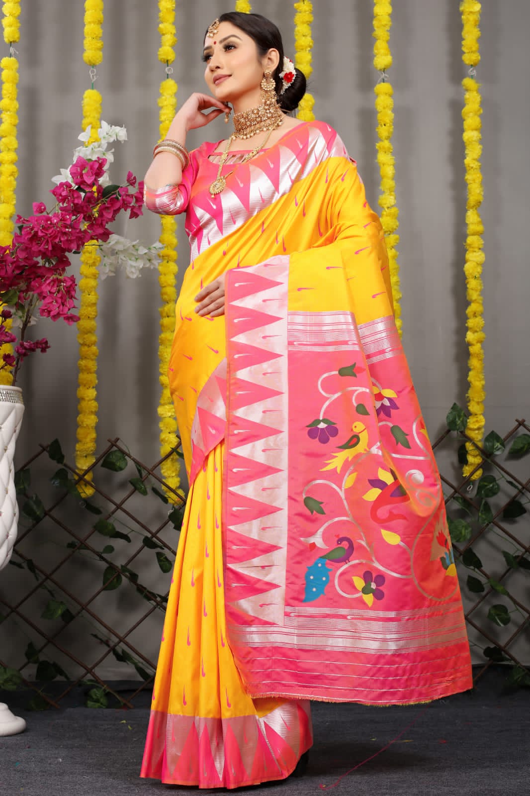 Soft Yellow Silk Paithani Saree With Rich Pallu And Meenakari work