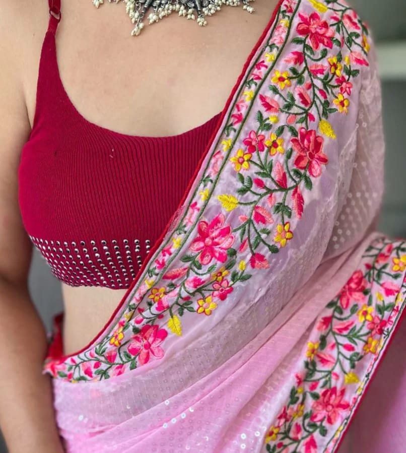 Pink Pure Gorgate Saree With Sequence Work
