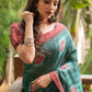 Green Soft Linen Cotton Saree With Beautiful Digital Print And Zari Lining Pallu
