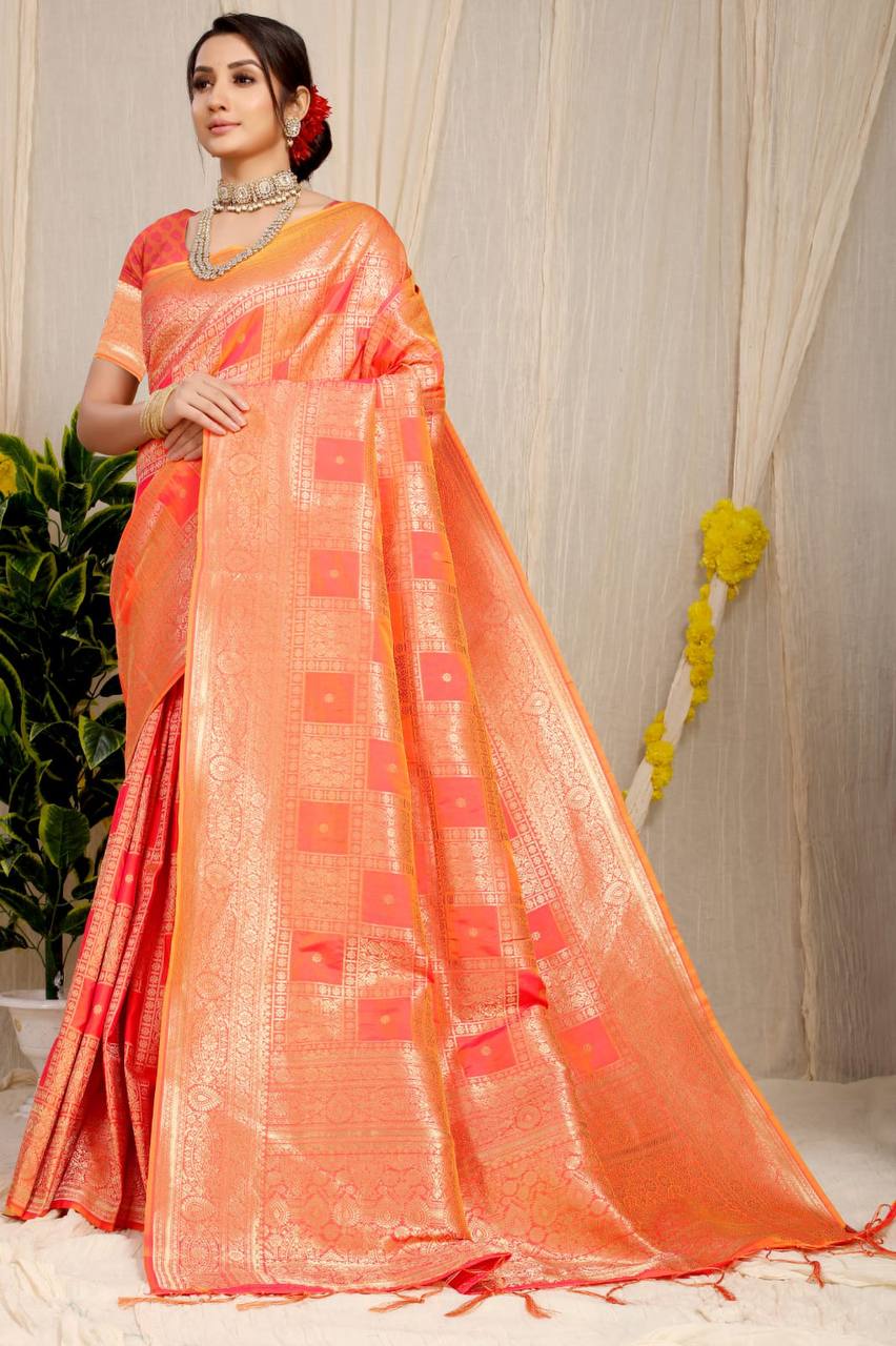 Orange Kanchipuram Pure silk saree with Jari weaving work