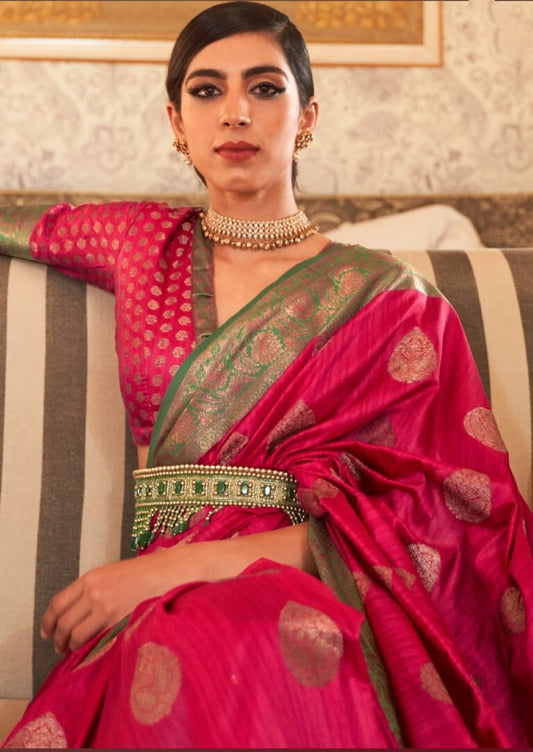 Pink Banarasi Khicha Silk Weaving Saree With Contrast Border