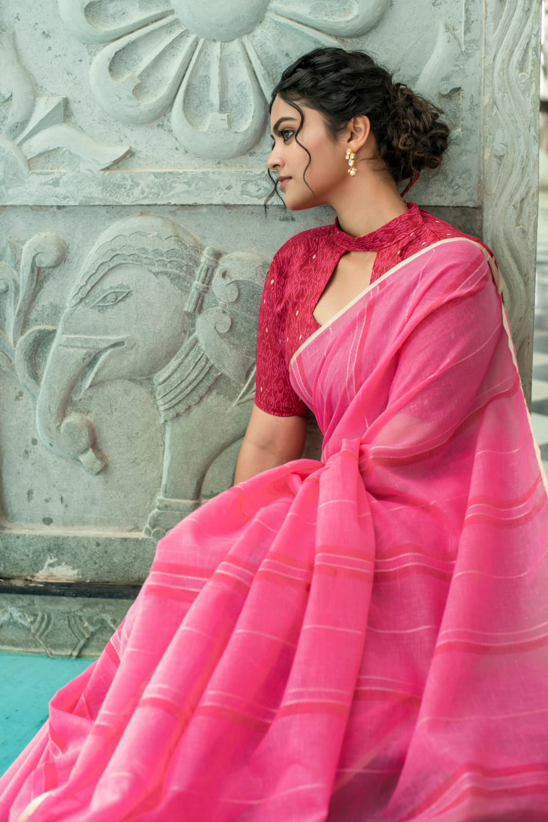 Pink Pure Linen Saree Katha Weaving