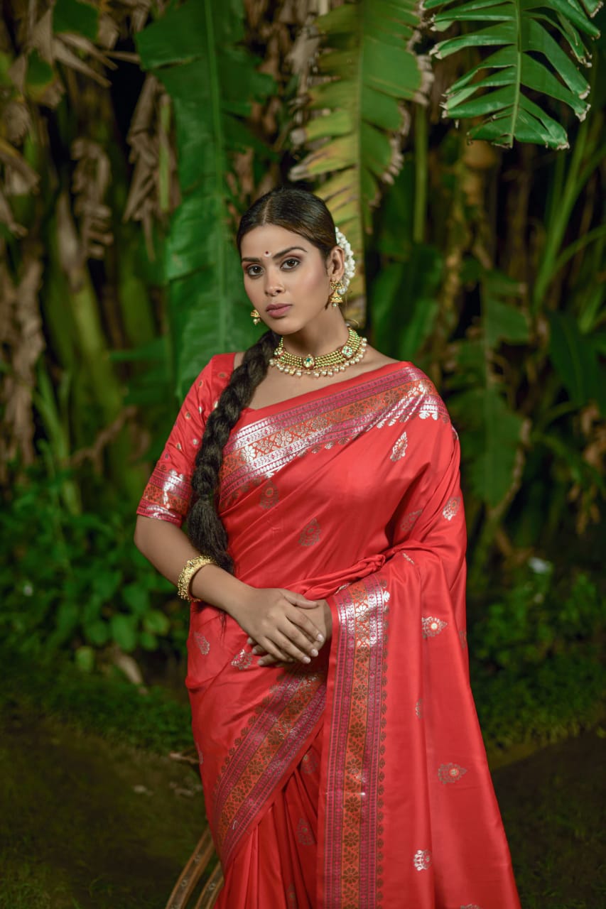 Red Banarasi Soft Silk Saree With Butti Weaves
