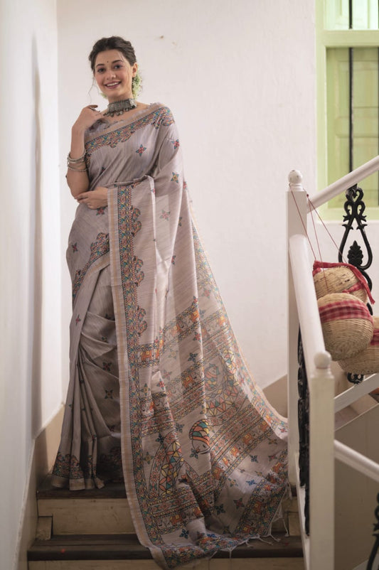 Grey Tussar Silk Saree With Madhubani Print