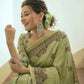 Parrot Tussar Silk Saree With Madhubani Print
