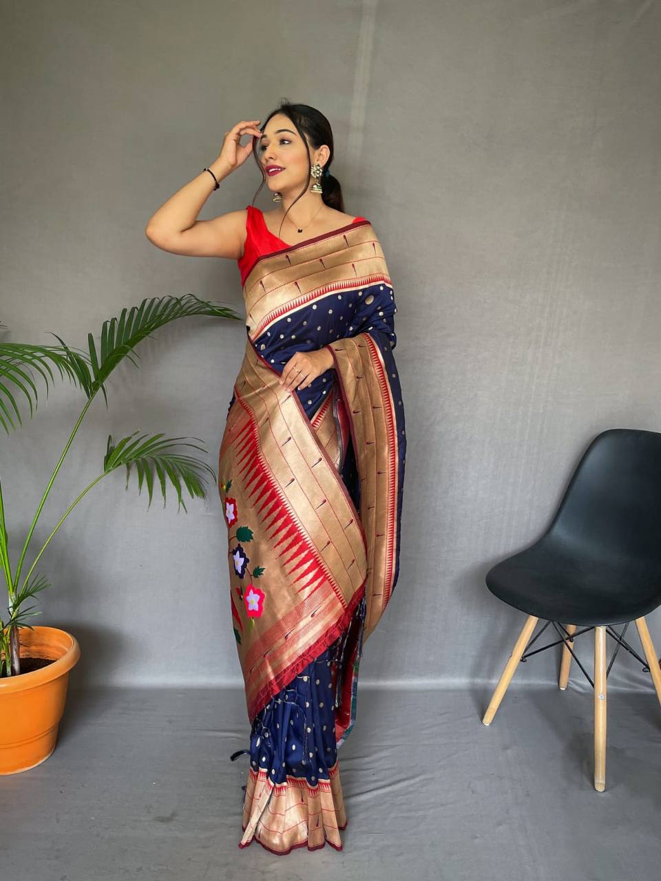 Navy Blue Pure Polka Paithani Silk Saree