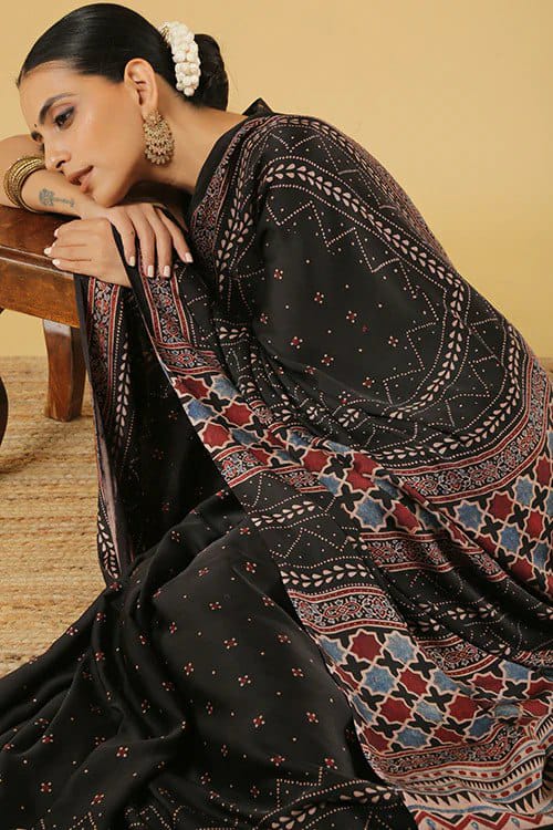 Black Ajarakh Digital Print Muslin Fabric Saree With Rich Glaze .