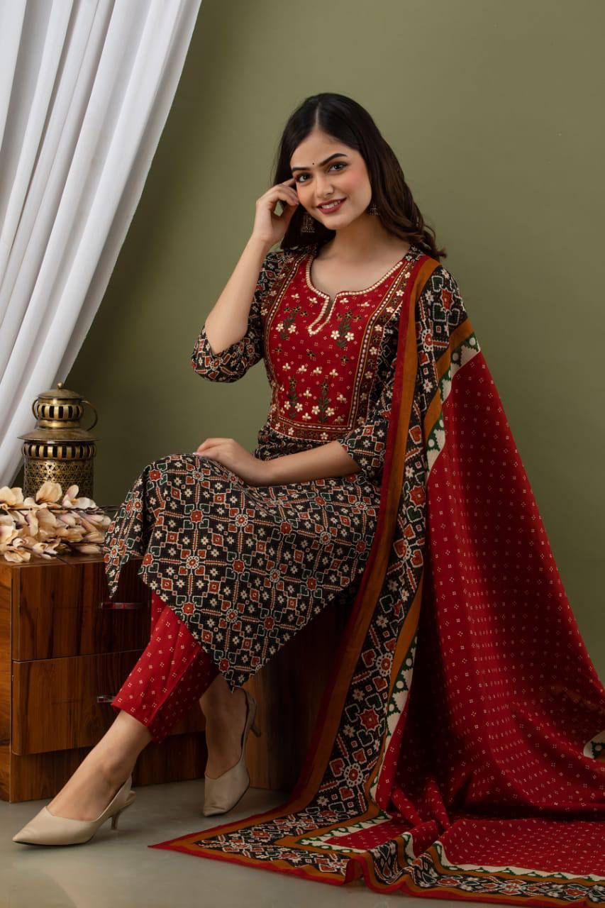 Pure Red Cotton Kurti Pent Dupatta Set