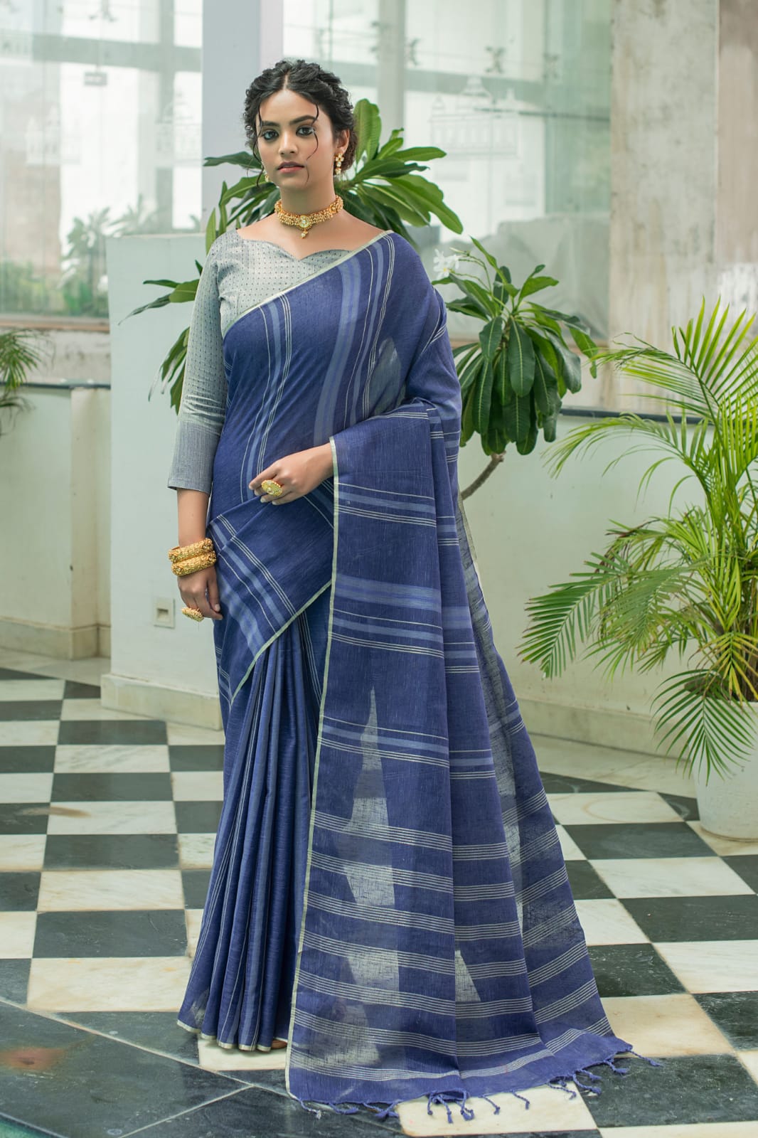 Blue Pure Linen Saree Katha Weaving