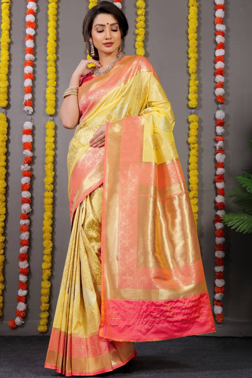 Yellow Kanchipuram Pure Silk Handloom Saree With Pure Jari