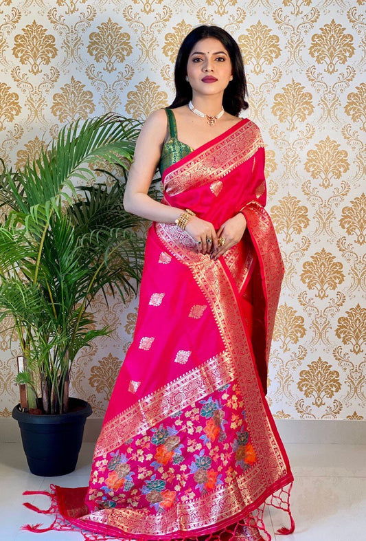 Pure Silk With Pure Zari Weaving Dark Rani Saree