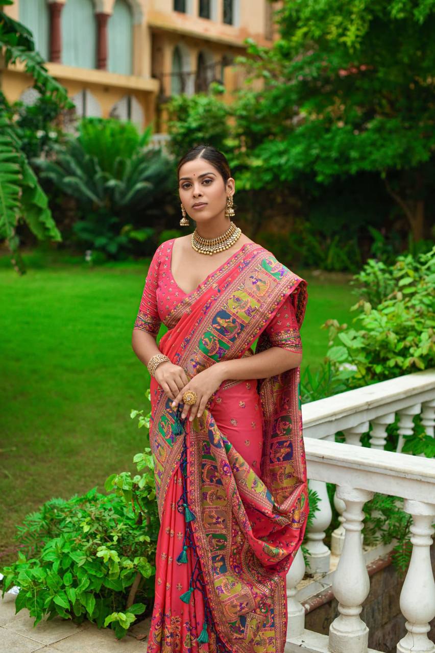 Red Soft Kashmiri Pashmina Silk Weaving Saree