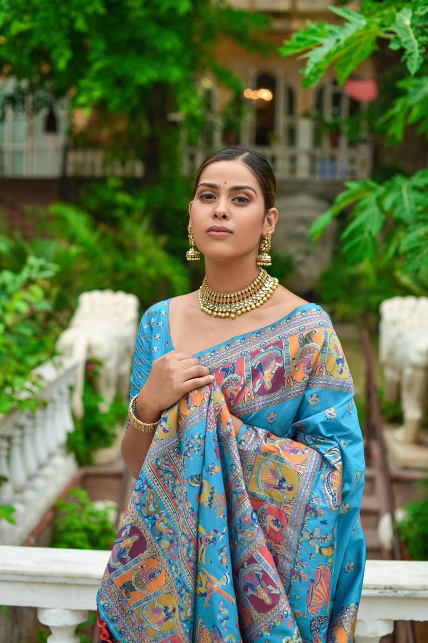 Sky Blue Soft Kashmiri Pashmina Silk Weaving Saree