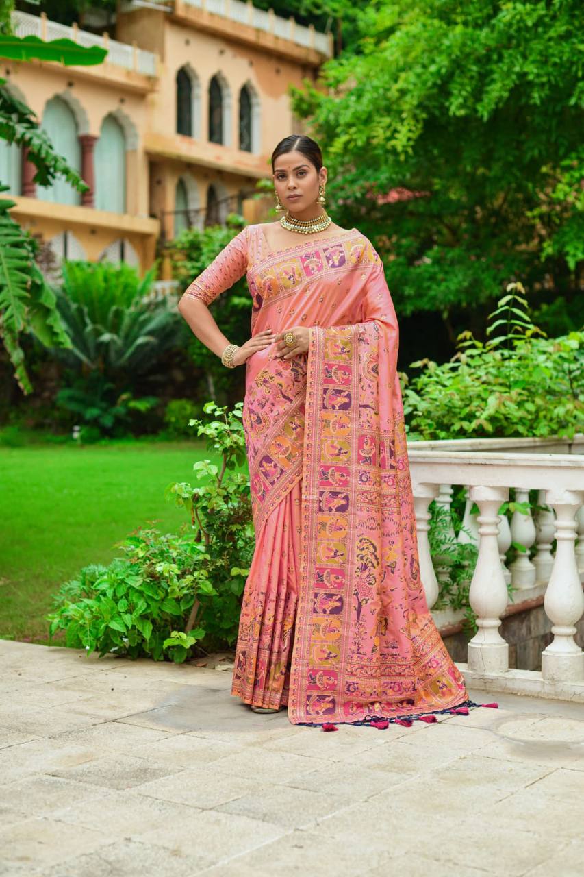Peach Soft Kashmiri Pashmina Silk Weaving Saree