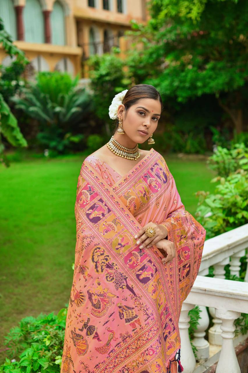 Peach Soft Kashmiri Pashmina Silk Weaving Saree