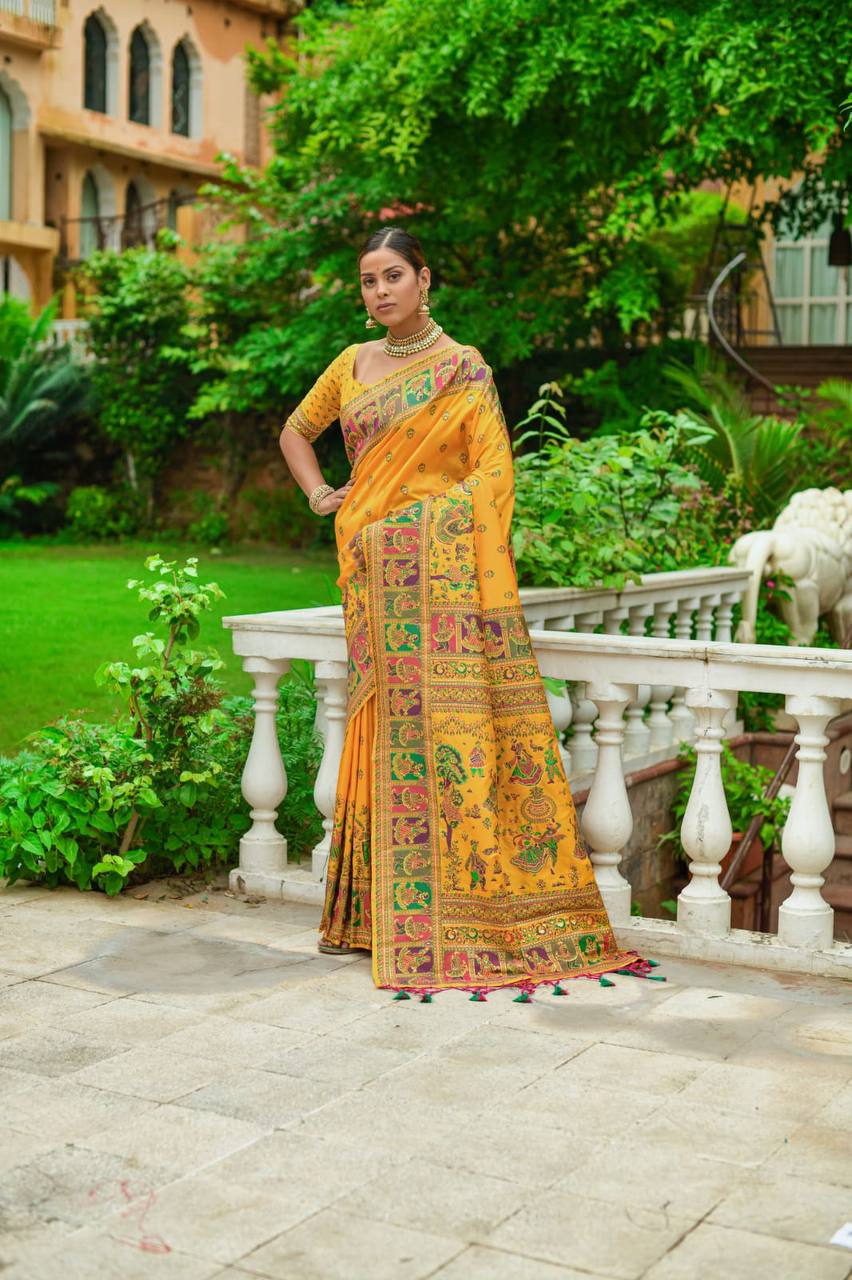 Yellow Soft Kashmiri Pashmina Silk Weaving Saree