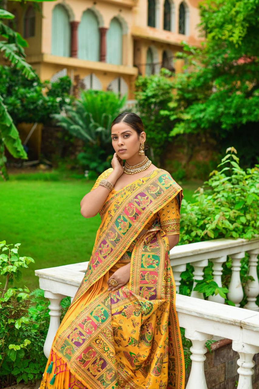 Yellow Soft Kashmiri Pashmina Silk Weaving Saree