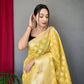 Yellow Pure Muslin  Silk Saree With Rose Gold Zari Weaved
