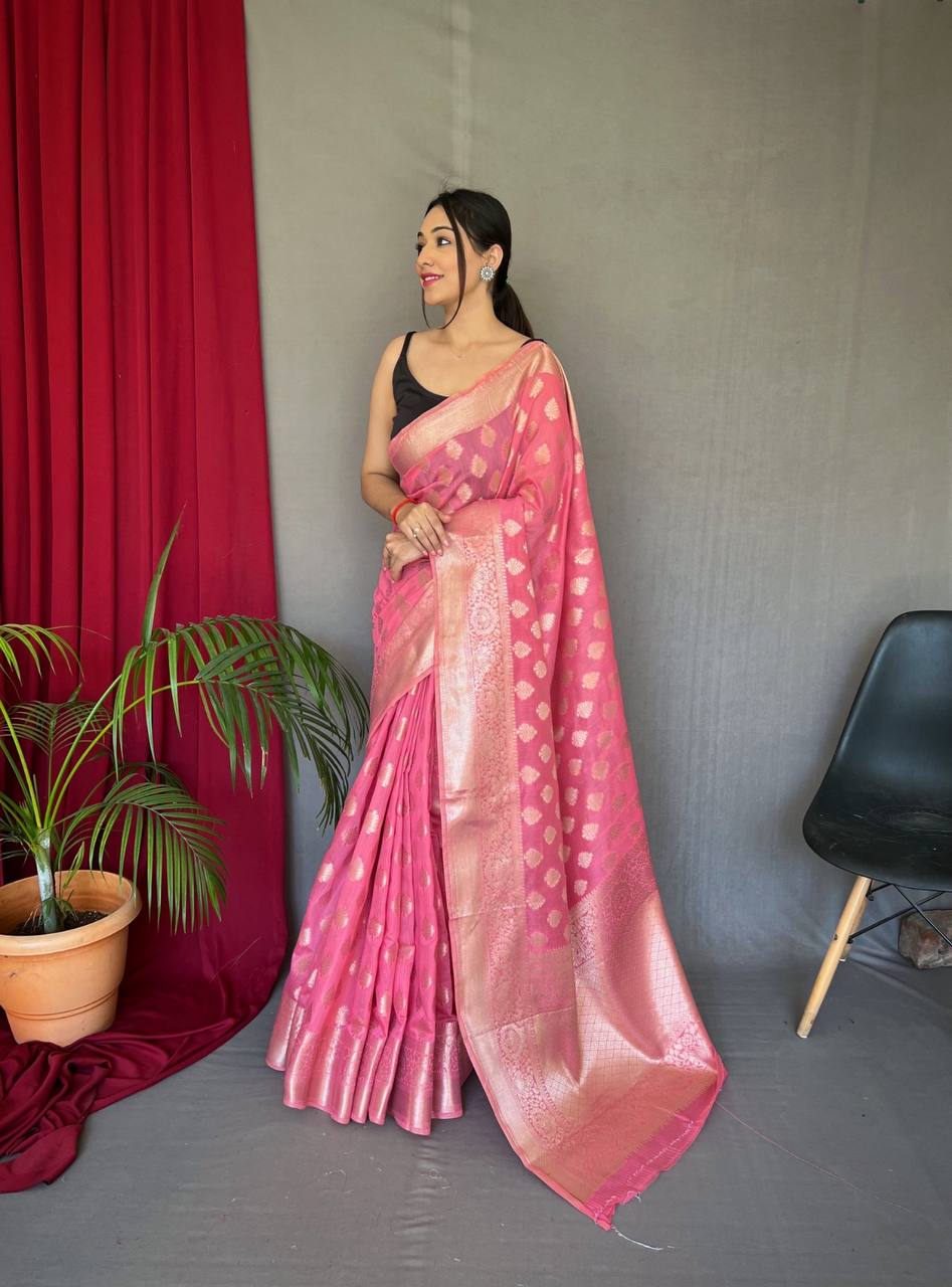 Pink Pure Muslin  Silk Saree With Rose Gold Zari Weaved