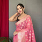 Pink Pure Muslin  Silk Saree With Rose Gold Zari Weaved