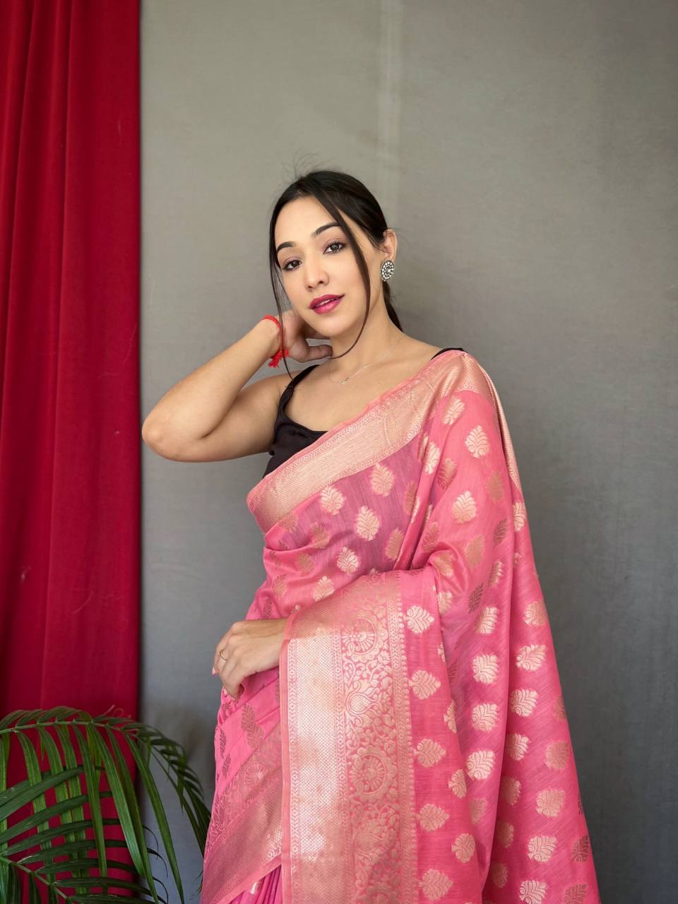 Pink Pure Muslin  Silk Saree With Rose Gold Zari Weaved