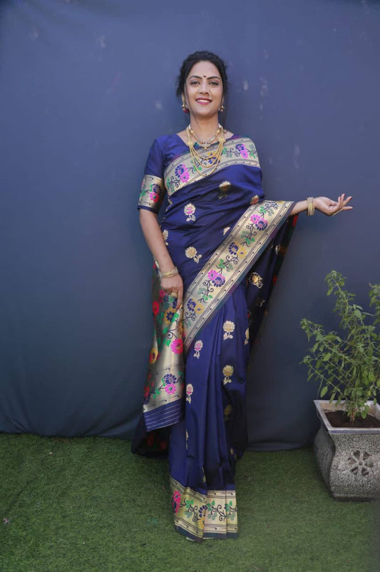 Blue Paithani Pure Silk Handloom Saree