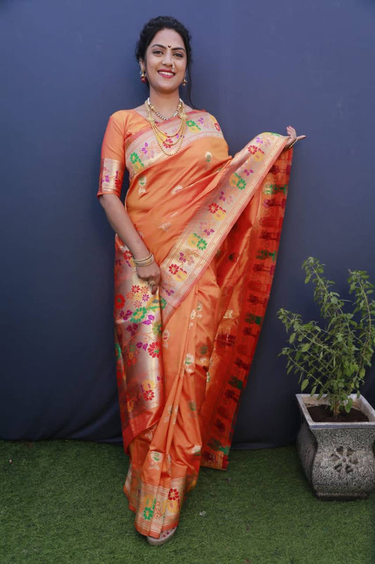 Orange Paithani Pure Silk Handloom Saree