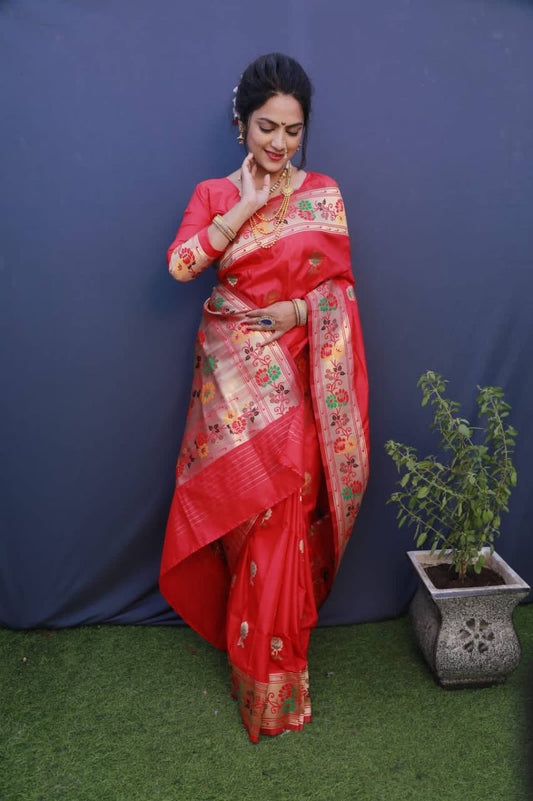 Red Paithani Pure Silk Handloom Saree