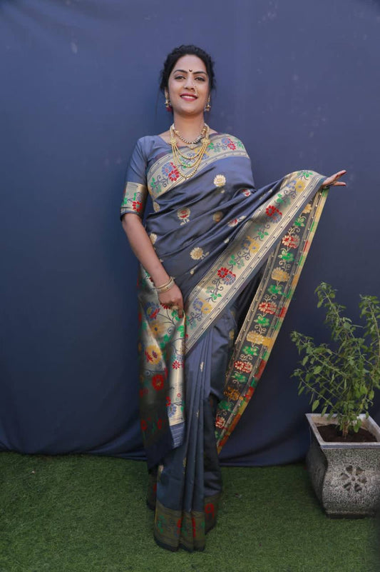 Grey Paithani Pure Silk Handloom Saree