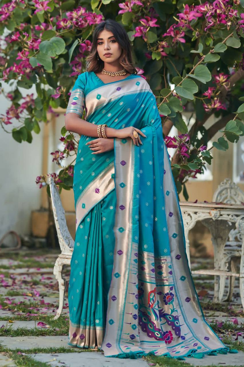 Sky Blue Banarasi Soft Silk Paithani Saree With Zari Border