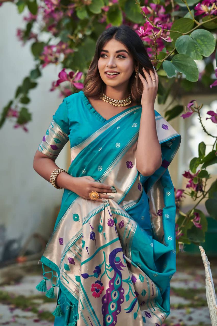 Sky Blue Banarasi Soft Silk Paithani Saree With Zari Border