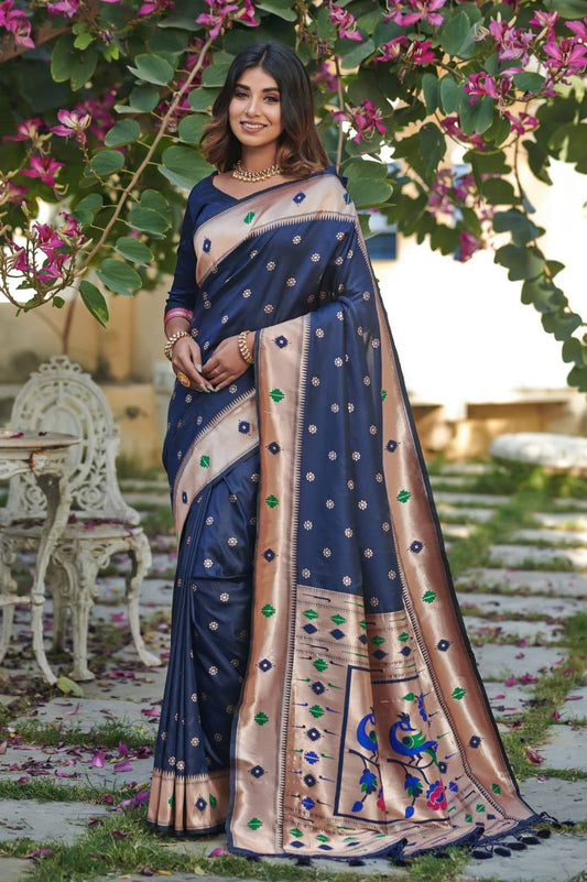 Blue Banarasi Soft Silk Paithani Saree With Zari Border