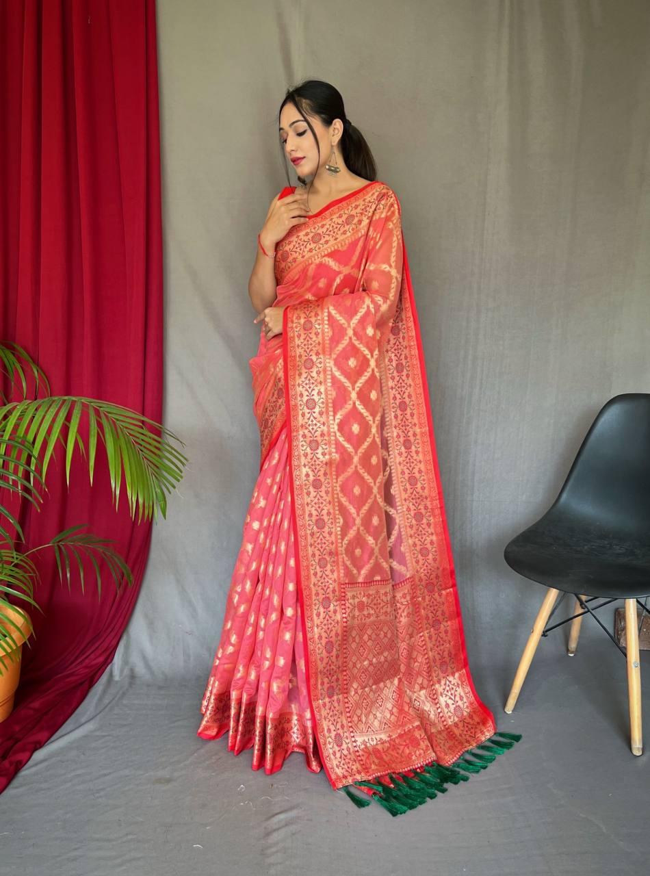 Pink Pure Organza Weaved Saree With Jacquard Border