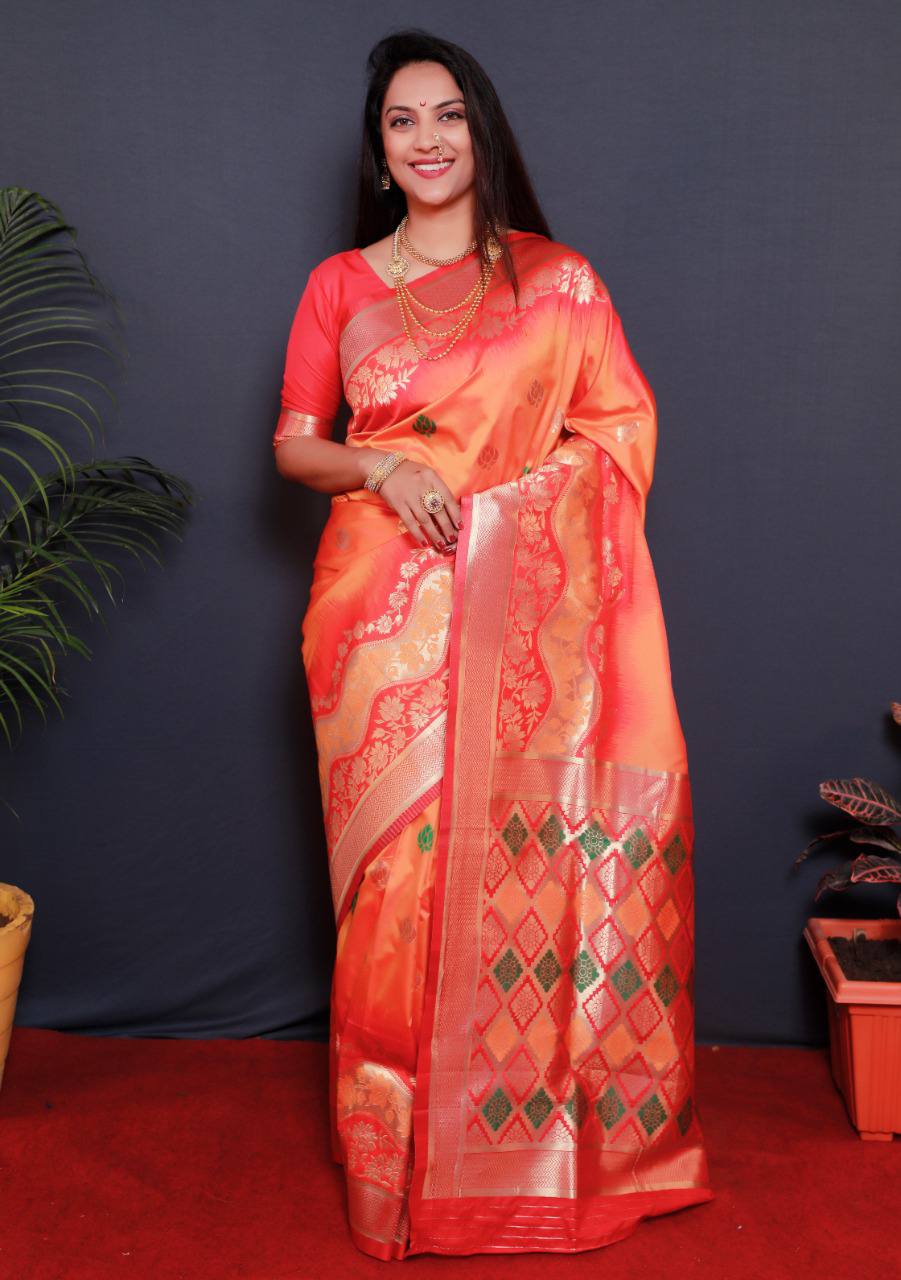 Orange Pure Silk Handloom Saree With Pure Jari Weaving