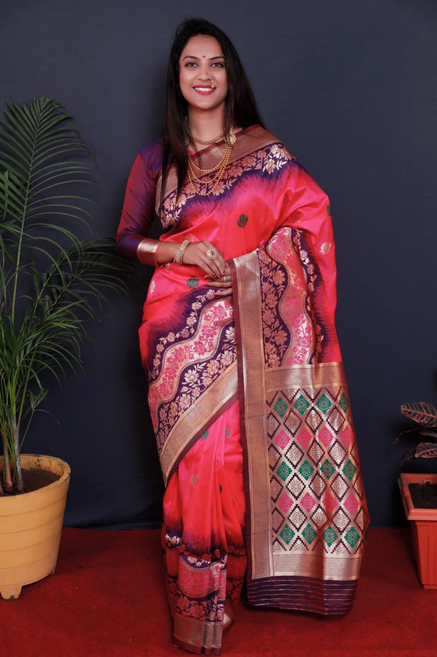 Pink Pure Silk Handloom Saree With Pure Jari Weaving