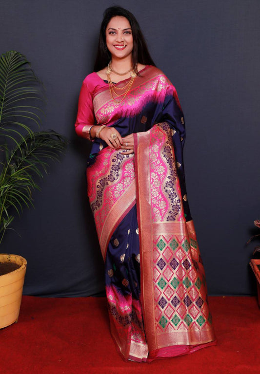 Blue Pure Silk Handloom Saree With Pure Jari Weaving