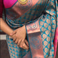 Rama Lichi Silk Banarasi Saree With Copper Weaving