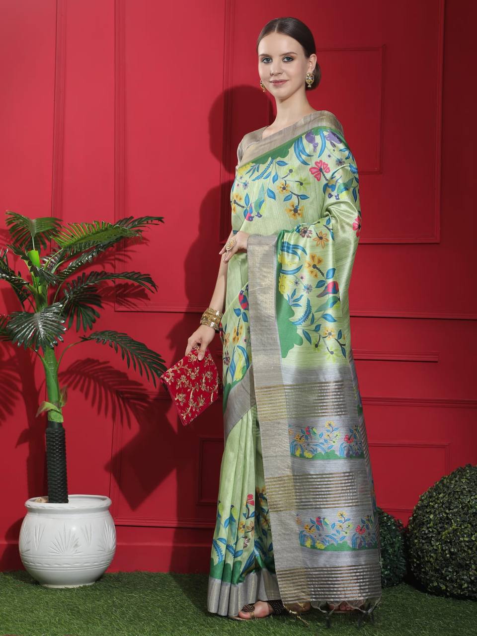See Green Tussar Print Soft Saree with all Over Beautiful Print