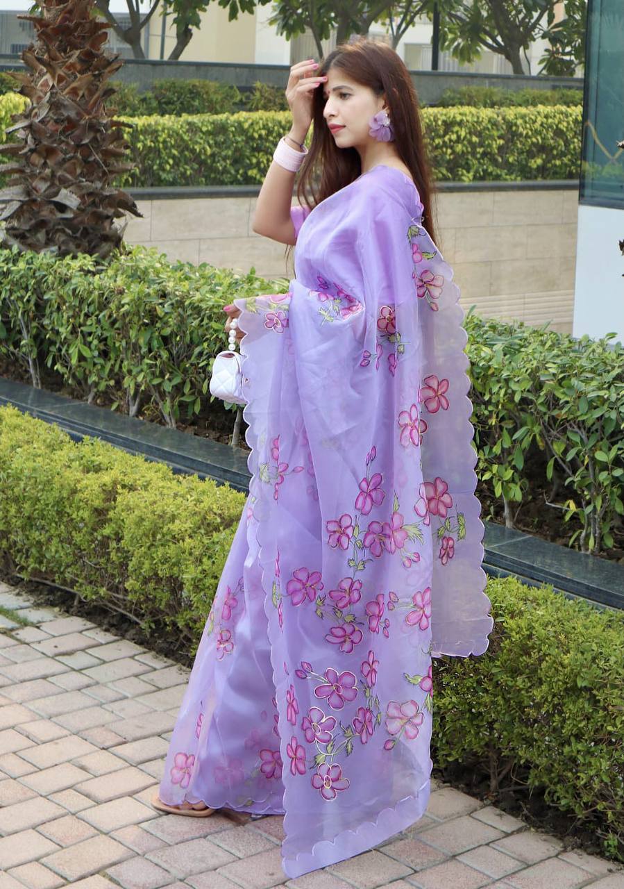Purple Soft Organza Silk Saree with Beautiful Floral Print