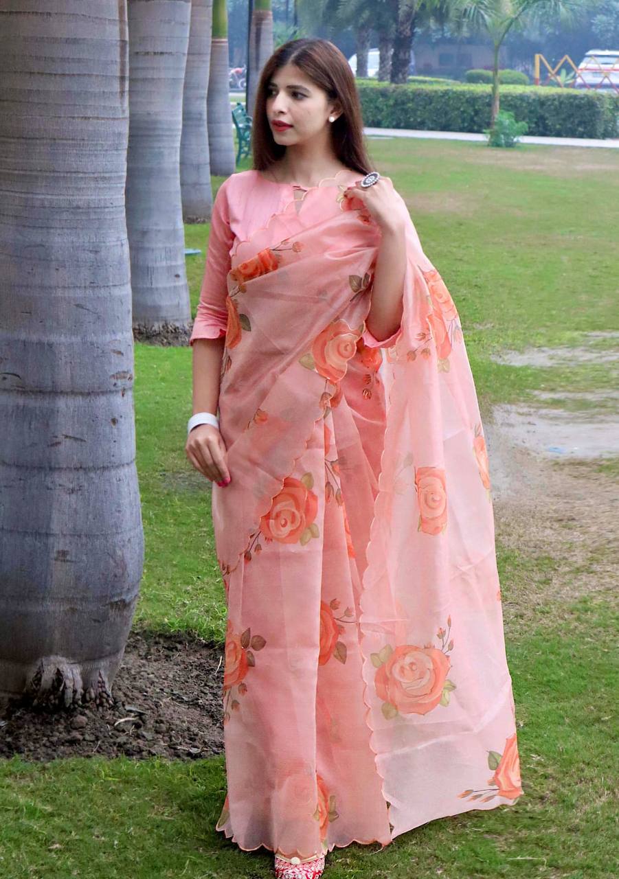 Peach Soft Organza Silk Saree With All Over Hand Print