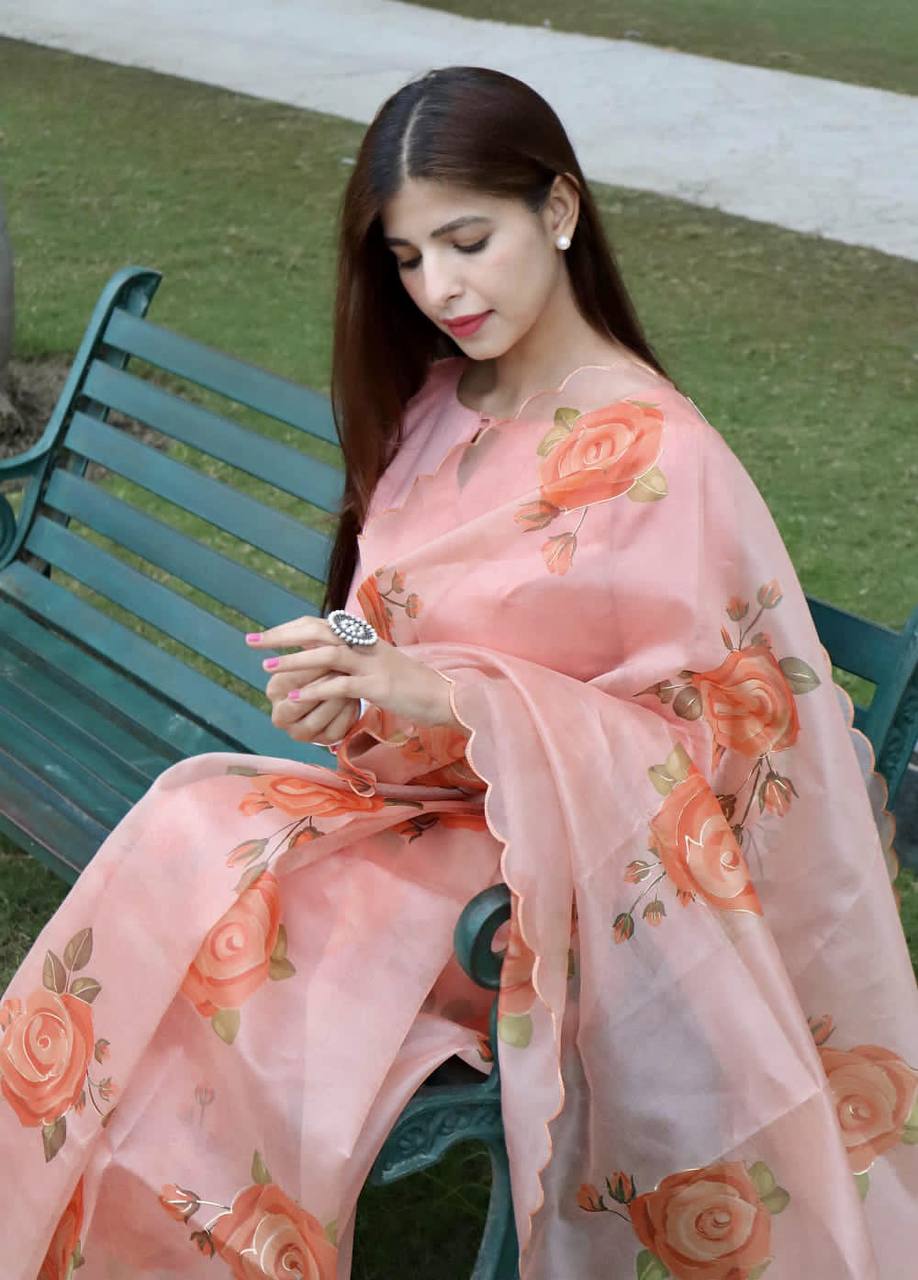 Peach Soft Organza Silk Saree With All Over Hand Print