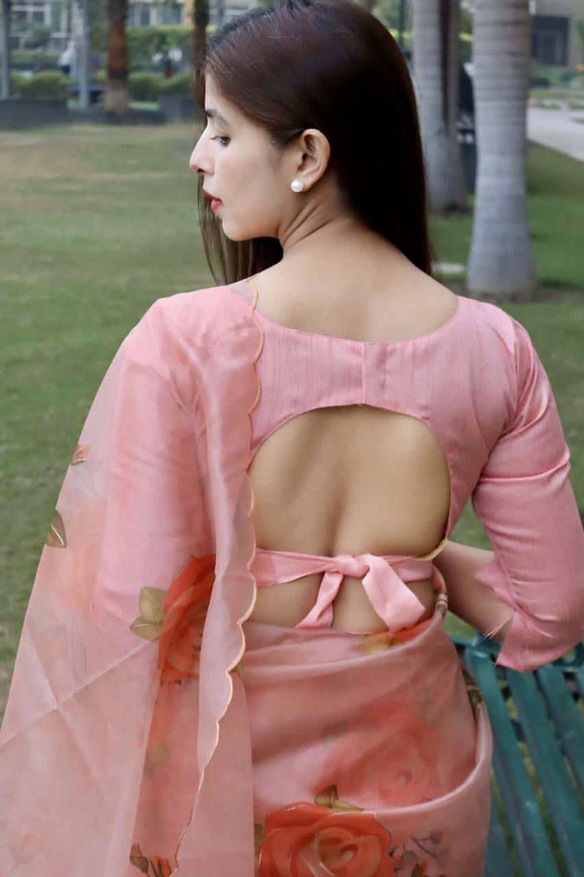 Peach Soft Organza Silk Saree With All Over Hand Print