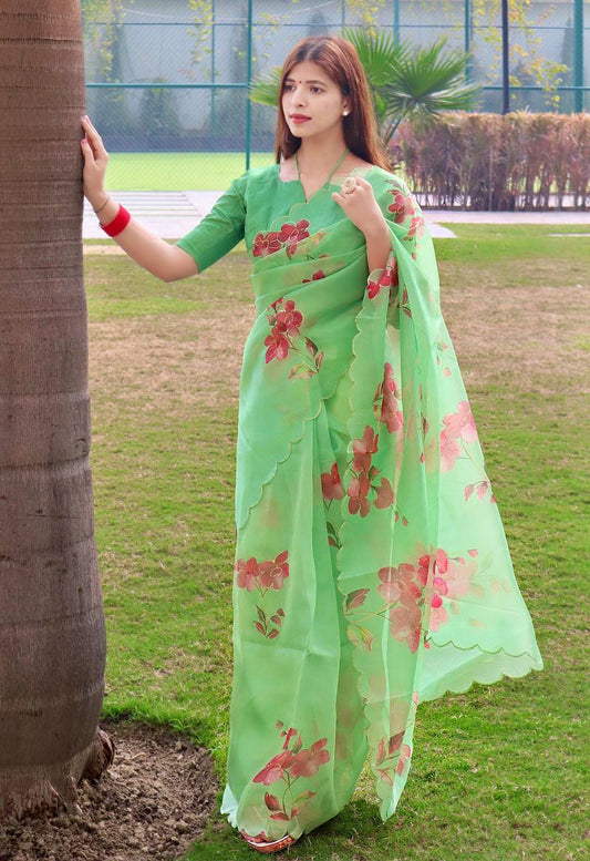 Green Soft Organza Silk Saree With All Over Hand Print